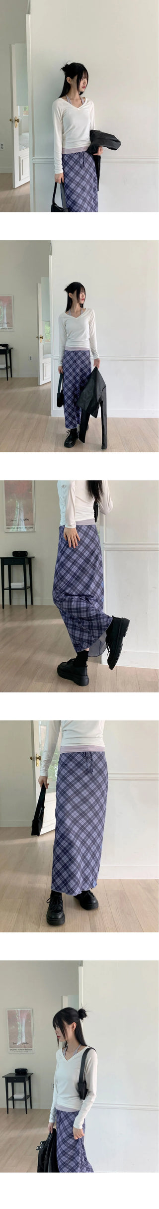 Shavin Vintage Y2K Check Ribbon Long Skirt