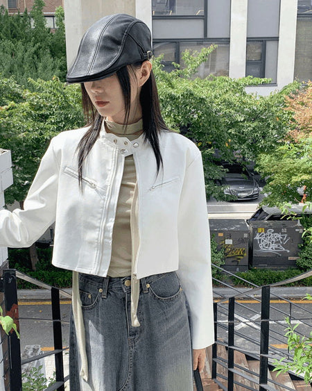 Bottle biker pocket cropped leather jacket