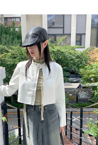Bottle biker pocket cropped leather jacket