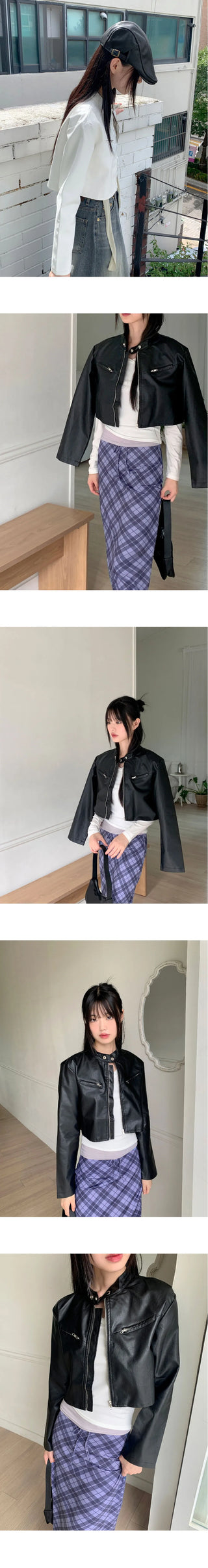 Bottle biker pocket cropped leather jacket