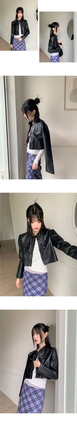 Bottle biker pocket cropped leather jacket