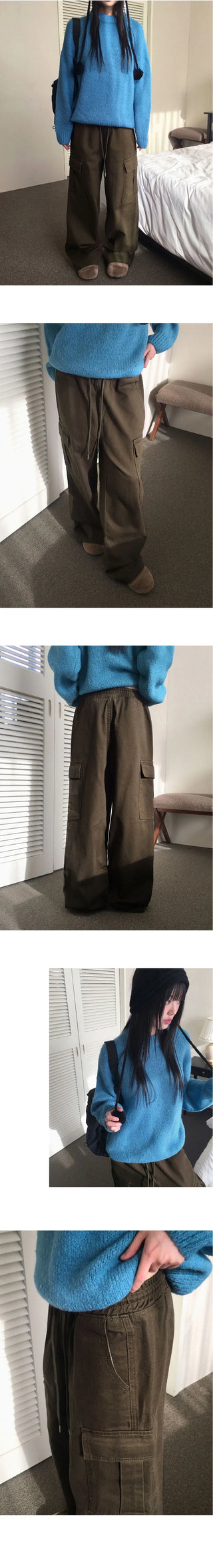 Tonijon Pocket Cotton Banding Long Wide Cargo Pants