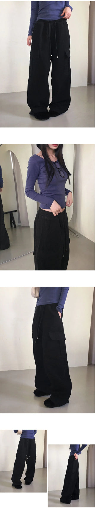 Tonijon Pocket Cotton Banding Long Wide Cargo Pants