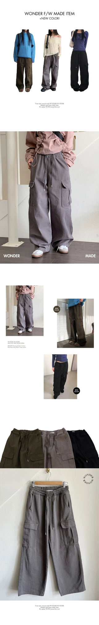 Tonijon Pocket Cotton Banding Long Wide Cargo Pants