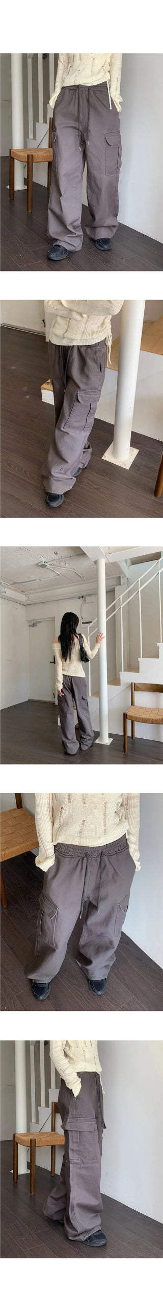 Tonijon Pocket Cotton Banding Long Wide Cargo Pants