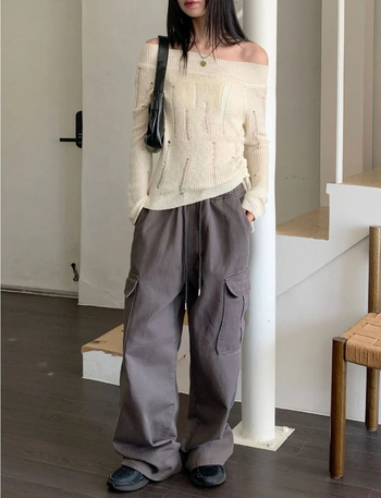 Tonijon Pocket Cotton Banding Long Wide Cargo Pants