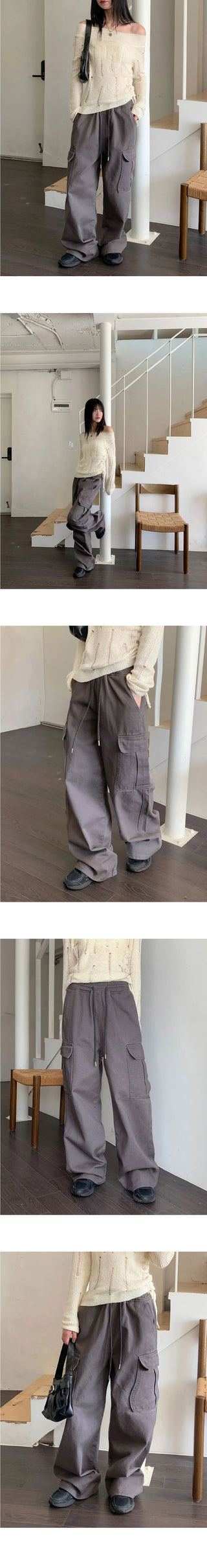 Tonijon Pocket Cotton Banding Long Wide Cargo Pants