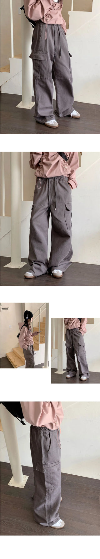 Tonijon Pocket Cotton Banding Long Wide Cargo Pants
