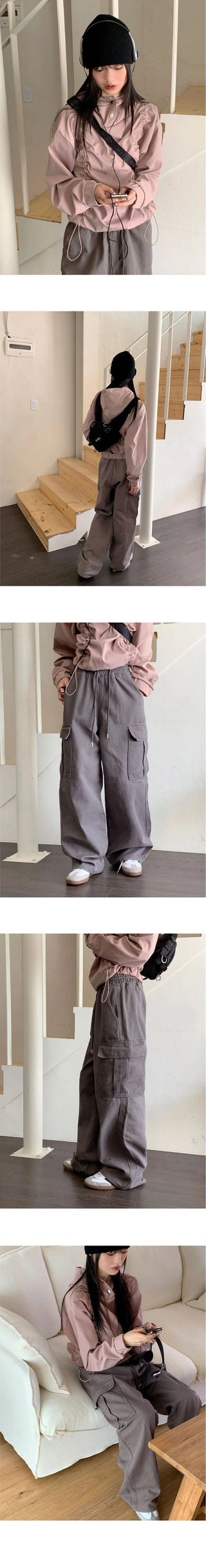 Tonijon Pocket Cotton Banding Long Wide Cargo Pants