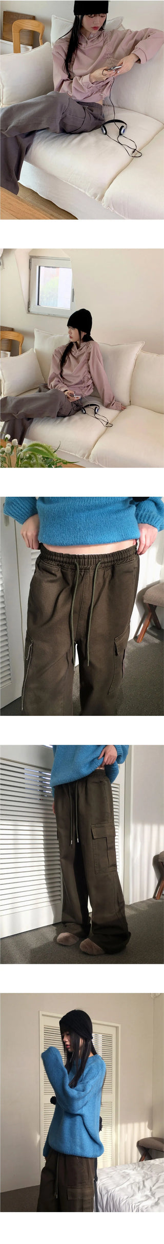 Tonijon Pocket Cotton Banding Long Wide Cargo Pants