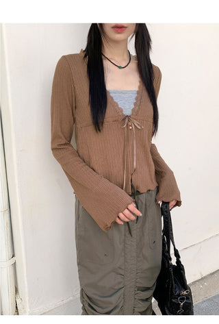 Latte Vintage Lace Strap Long Sleeve Cardigan