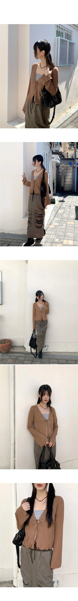 Latte Vintage Lace Strap Long Sleeve Cardigan