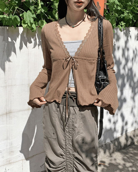 Latte Vintage Lace Strap Long Sleeve Cardigan
