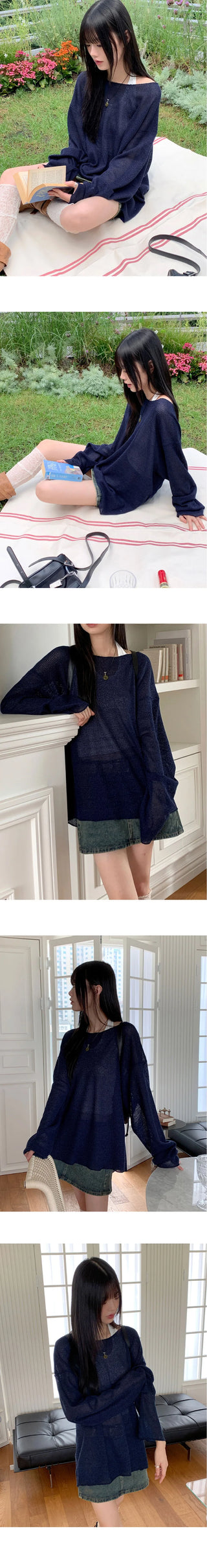 Rough Boat Neck Net Net Loose-fit Long Sleeve Knitwear