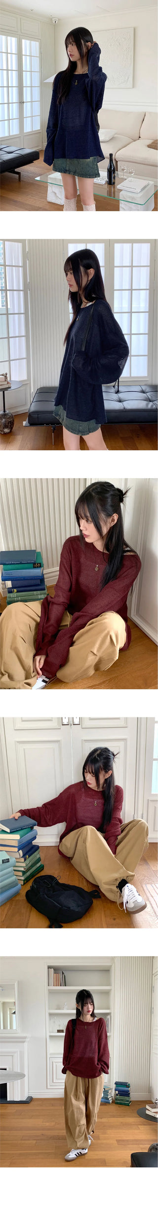 Rough Boat Neck Net Net Loose-fit Long Sleeve Knitwear