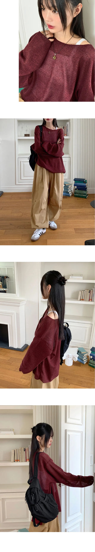 Rough Boat Neck Net Net Loose-fit Long Sleeve Knitwear