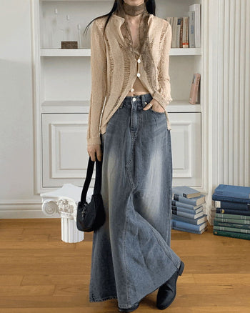 Large Split patch maxi denim long skirt