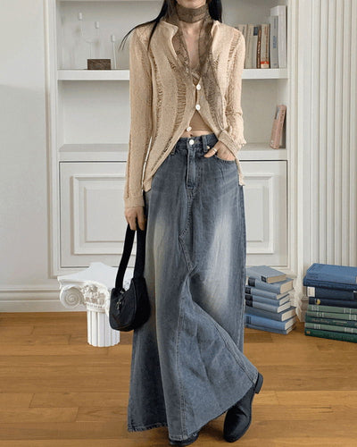 Large Split patch maxi denim long skirt