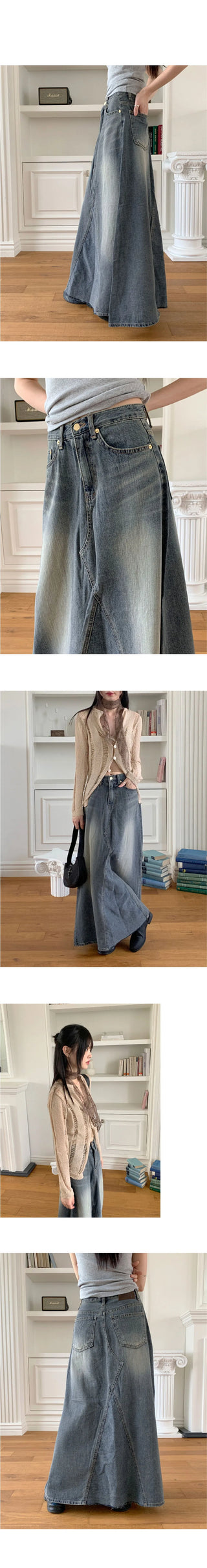 Large Split patch maxi denim long skirt