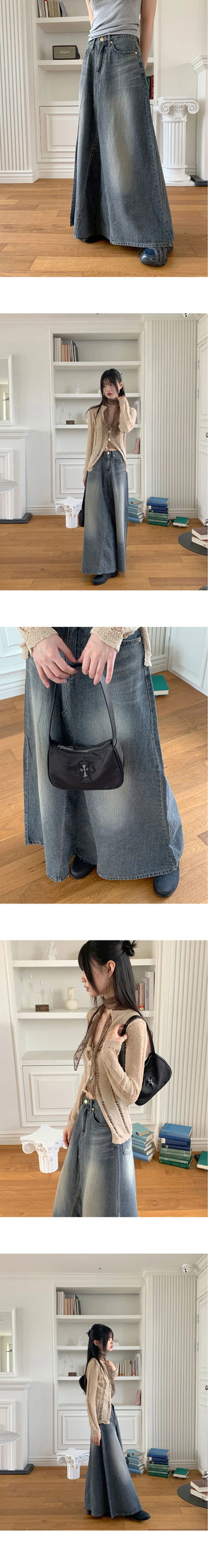Large Split patch maxi denim long skirt