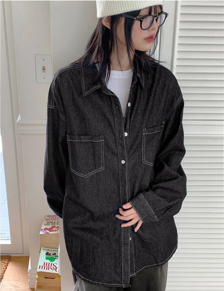 Black Denim stitch overfit denim shirt