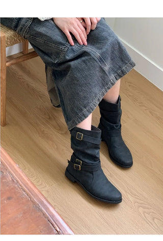 Grason suede gathered leather belted boots