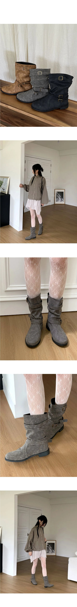 Grason suede gathered leather belted boots