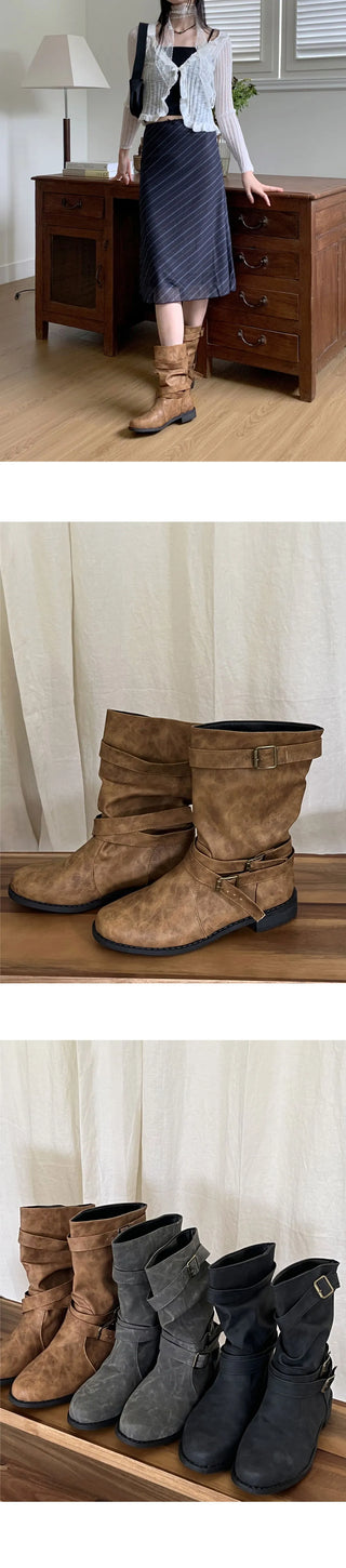Grason suede gathered leather belted boots