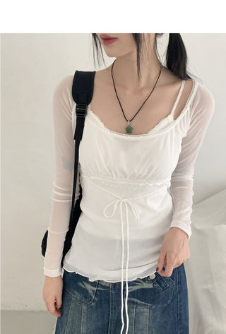 Petitron see-through ribbon strap long-sleeved blouse