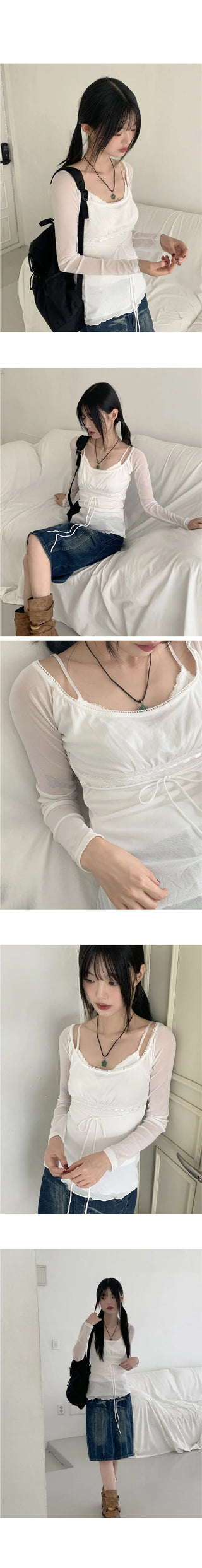 Petitron see-through ribbon strap long-sleeved blouse