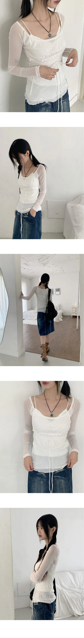 Petitron see-through ribbon strap long-sleeved blouse