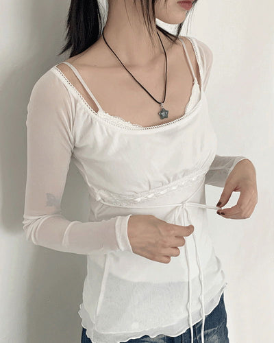 Petitron see-through ribbon strap long-sleeved blouse