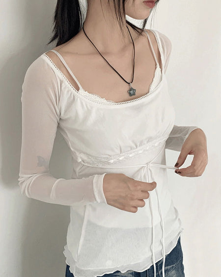 Petitron see-through ribbon strap long-sleeved blouse
