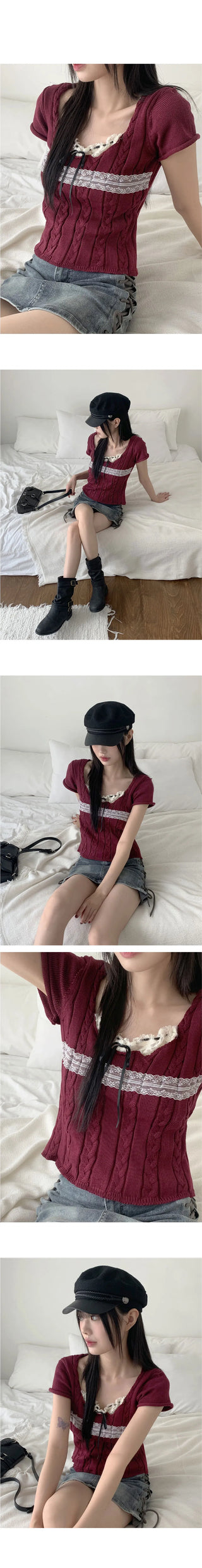 Killlove Vintage Lace Deep U-Neck Crop Short Sleeve Knitwear