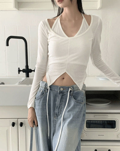 Solena Halter Neck Sleeveless One-piece Split Cropped Long Sleeve T-shirt