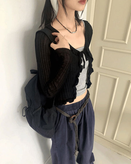 Lityu Trans-season frill strap see-through long-sleeved cardigan