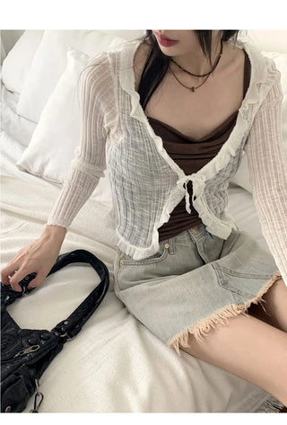 Lityu Trans-season frill strap see-through long-sleeved cardigan
