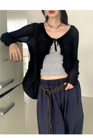 Lityu Trans-season frill strap see-through long-sleeved cardigan