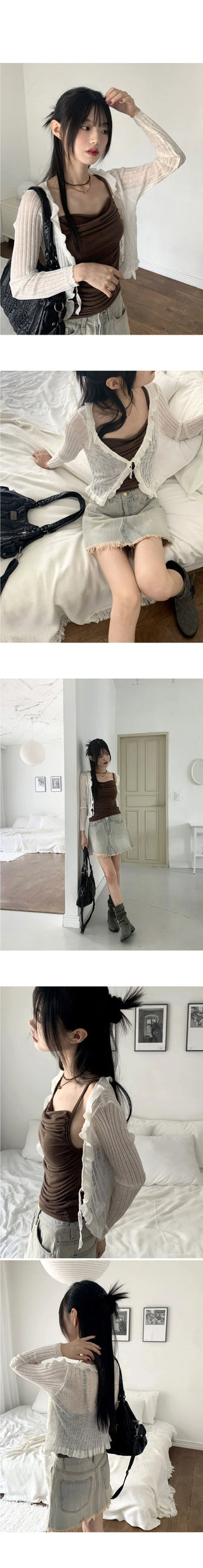 Lityu Trans-season frill strap see-through long-sleeved cardigan