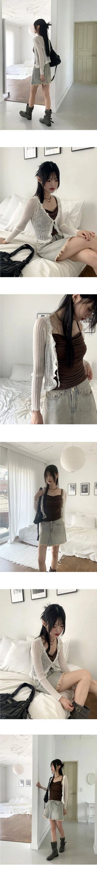 Lityu Trans-season frill strap see-through long-sleeved cardigan