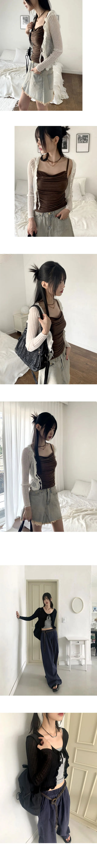Lityu Trans-season frill strap see-through long-sleeved cardigan