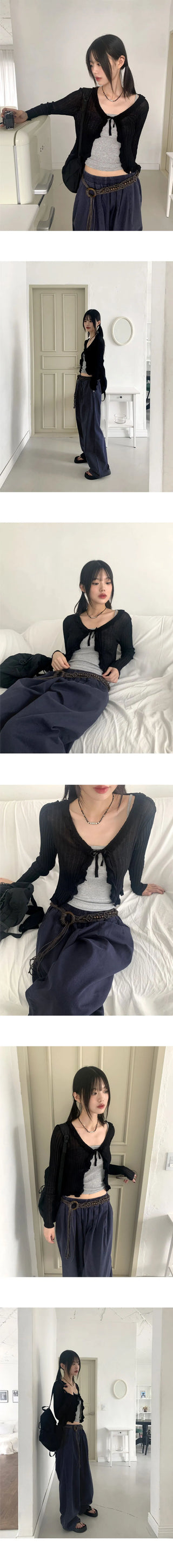 Lityu Trans-season frill strap see-through long-sleeved cardigan
