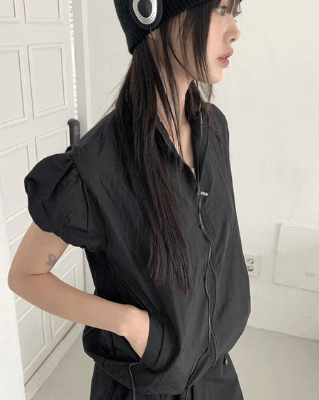 Caco Nylon Puff Crop Short Sleeve Windbreaker Zip-up