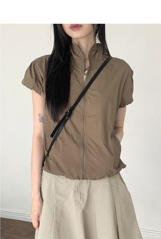 Caco Nylon Puff Crop Short Sleeve Windbreaker Zip-up