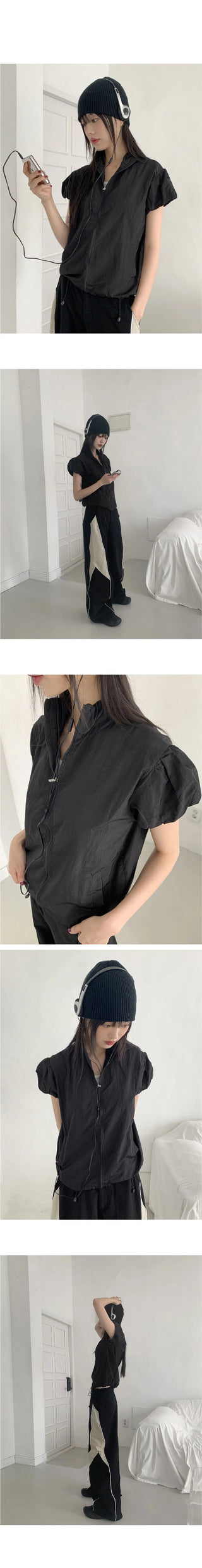 Caco Nylon Puff Crop Short Sleeve Windbreaker Zip-up