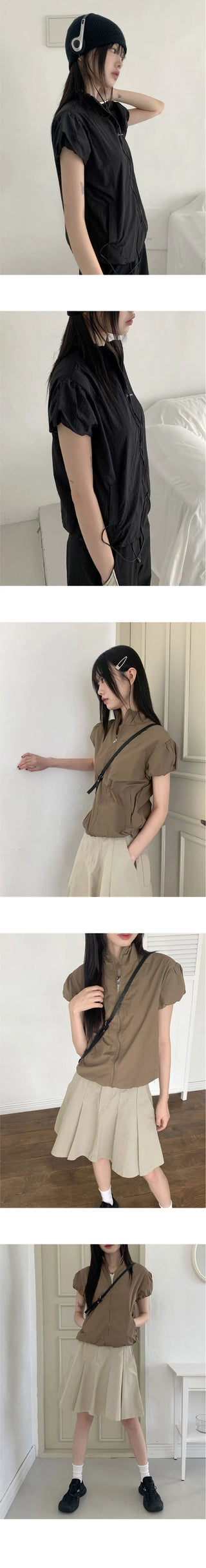 Caco Nylon Puff Crop Short Sleeve Windbreaker Zip-up