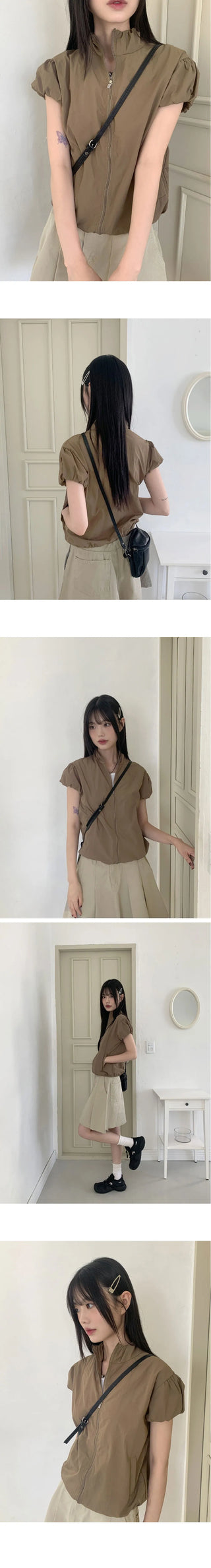 Caco Nylon Puff Crop Short Sleeve Windbreaker Zip-up