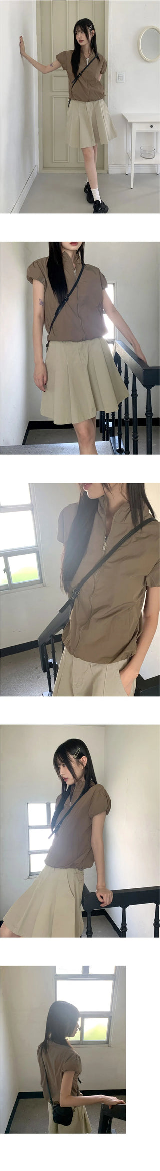 Caco Nylon Puff Crop Short Sleeve Windbreaker Zip-up