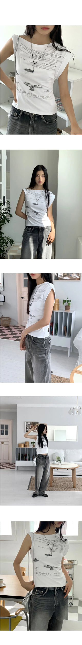 Pebble Hip Lettering Unbalanced Sleeve Sleeveless