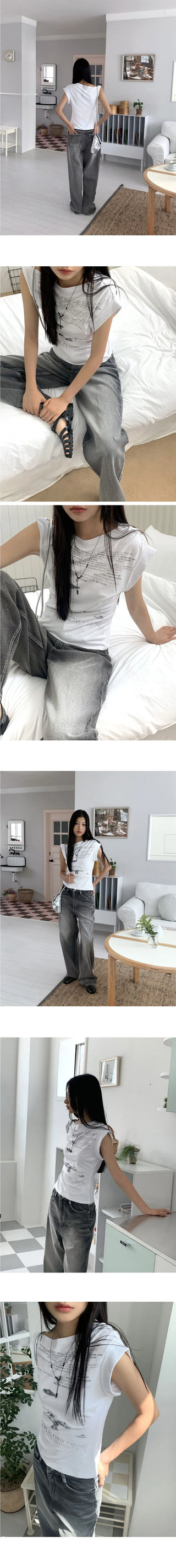 Pebble Hip Lettering Unbalanced Sleeve Sleeveless